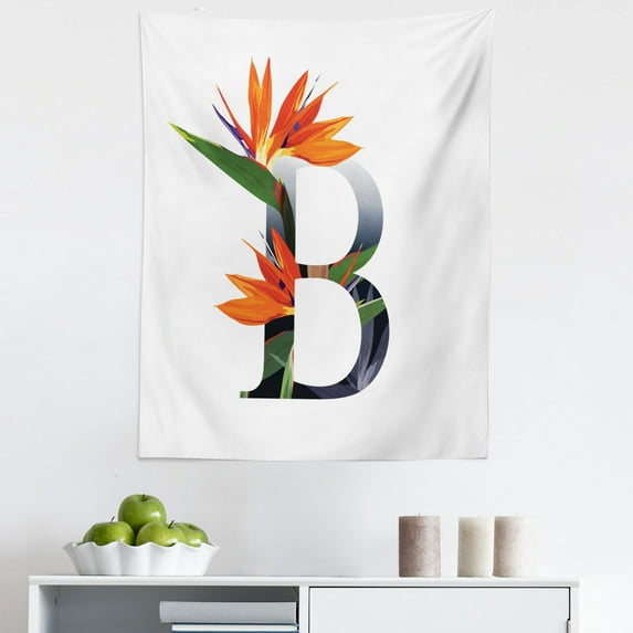 Letter B Tapestry, Bird of Paradise Typography Flower Alphabet Character Font Design Print, Fabric Wall Hanging Decor for Bedroom Living Room Dorm, 5 Sizes, Orange Green Grey, by Ambesonne