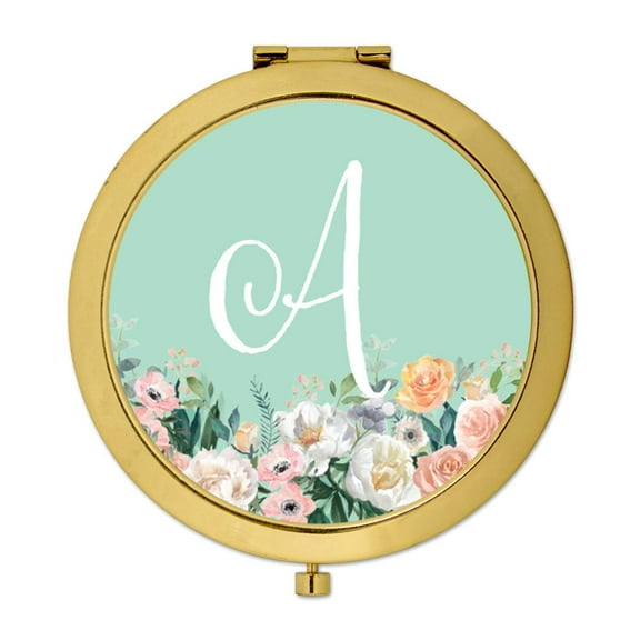 Koyal Wholesale Gold Compact Mirror Bridesmaid's Wedding Gift, Peach Flower Florals on Mint Green, Monogram Letter A