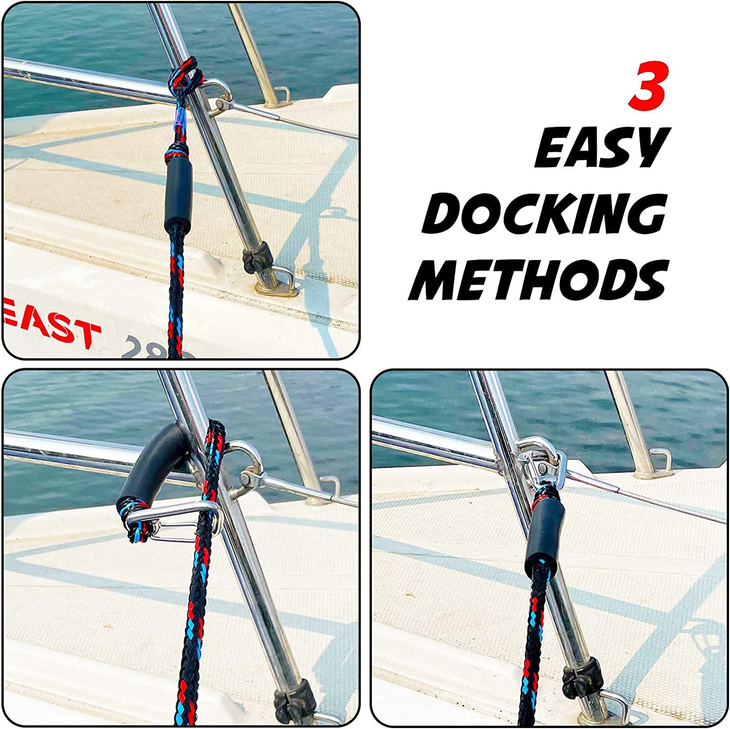 ABCISI 4 Feet Bungee Dock Line, Mooring Rope with Stainless Steel Clip Accessories - 2-Pack, Built-in Snubber, Compatible with Kayak, Canoe, Pontoon, Power Boat