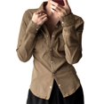 thumbnail image 1 of Camisa de Larga con Solapa para Mujer, y Sencilla, de Color Liso, con Cintura Ceñida Marrón M, 1 of 8