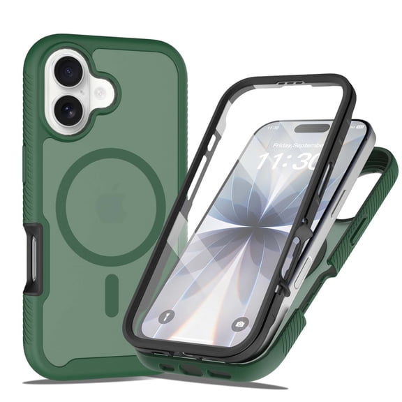 For iPhone 17 Phone Case,Compatible With Mag-Safe,2-in-1 Heavy Duty Shockproof Cover,Built-in Screen Protector,Matte Anti-fall Drop Protection,Rugged Durable Phone Case,Green