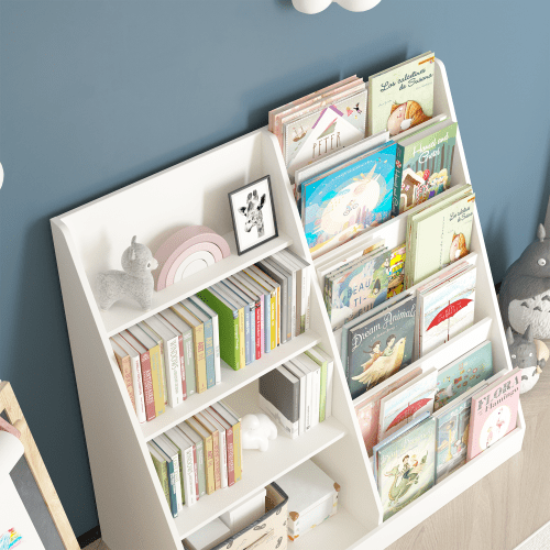 Yoneston 4 Tier Kids Bookshelf with Bookcase Display Stand, Multifunctional Toy Storage Organizer in Children Room Playroom Nursery, White
