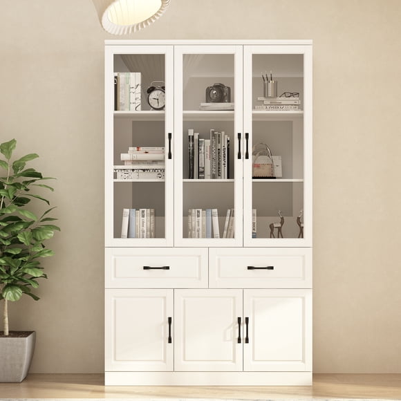 OXYLIFE Living Room Storage Cabinet with 6 Glass Doors, Drawers & Kitchen Pantry Space, Large Bookcase Display, White