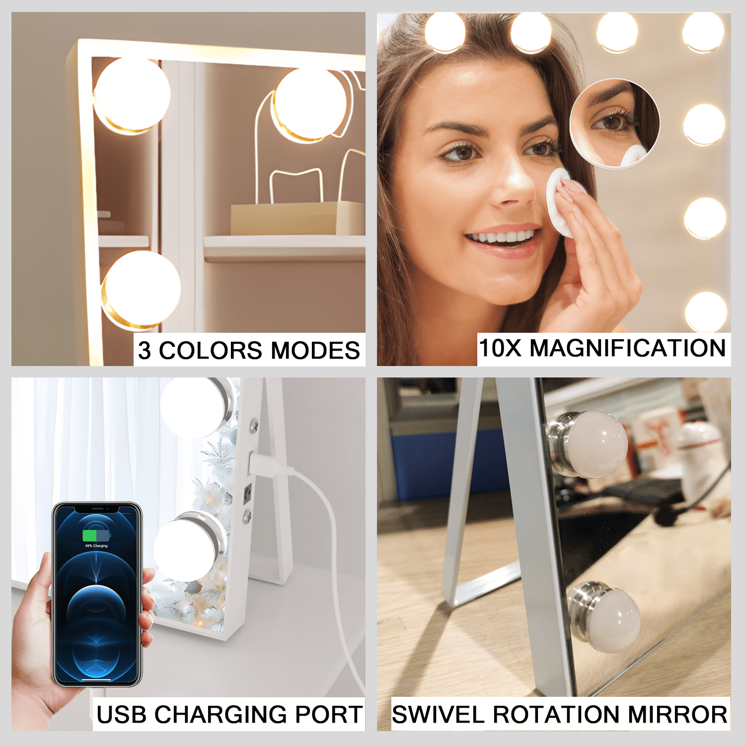 CONGUILIAO Hollywood Vanity Mirror with Lights, Vanity Makeup Mirror with 15 LED Bulbs, 3 Color Lighting Modes, USB Port, Smart Touch Control