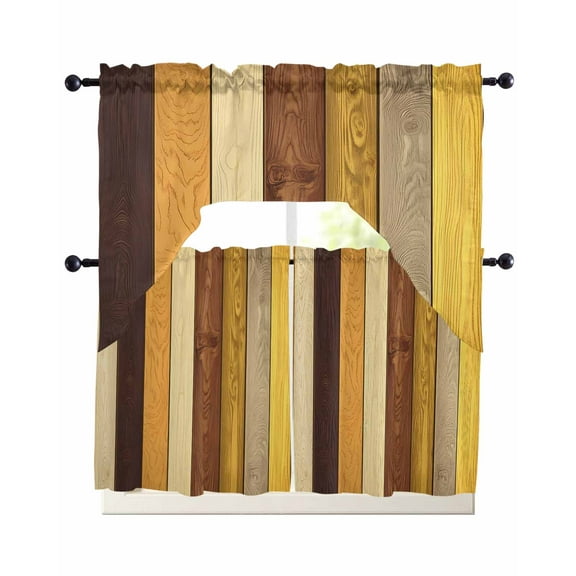 Farmhouse Yellow Brown Kitchen Curtains Sets 36 Inch Length with Valance, Retro Vintage Wood Swag Valances and Tiers Curtain Set Drapes Swag Curtains for Living Room, Bathroom, Bedroom, Cafe