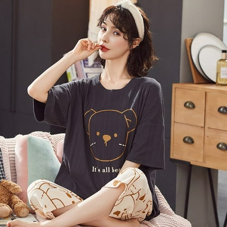 

QWZNDZGR Summer Knitted Cotton Floral Pajamas Set Women Pyjamas Elegant Sleepwear Nightwear Pijama Mujer Plus Size Calf-Length Pants Home