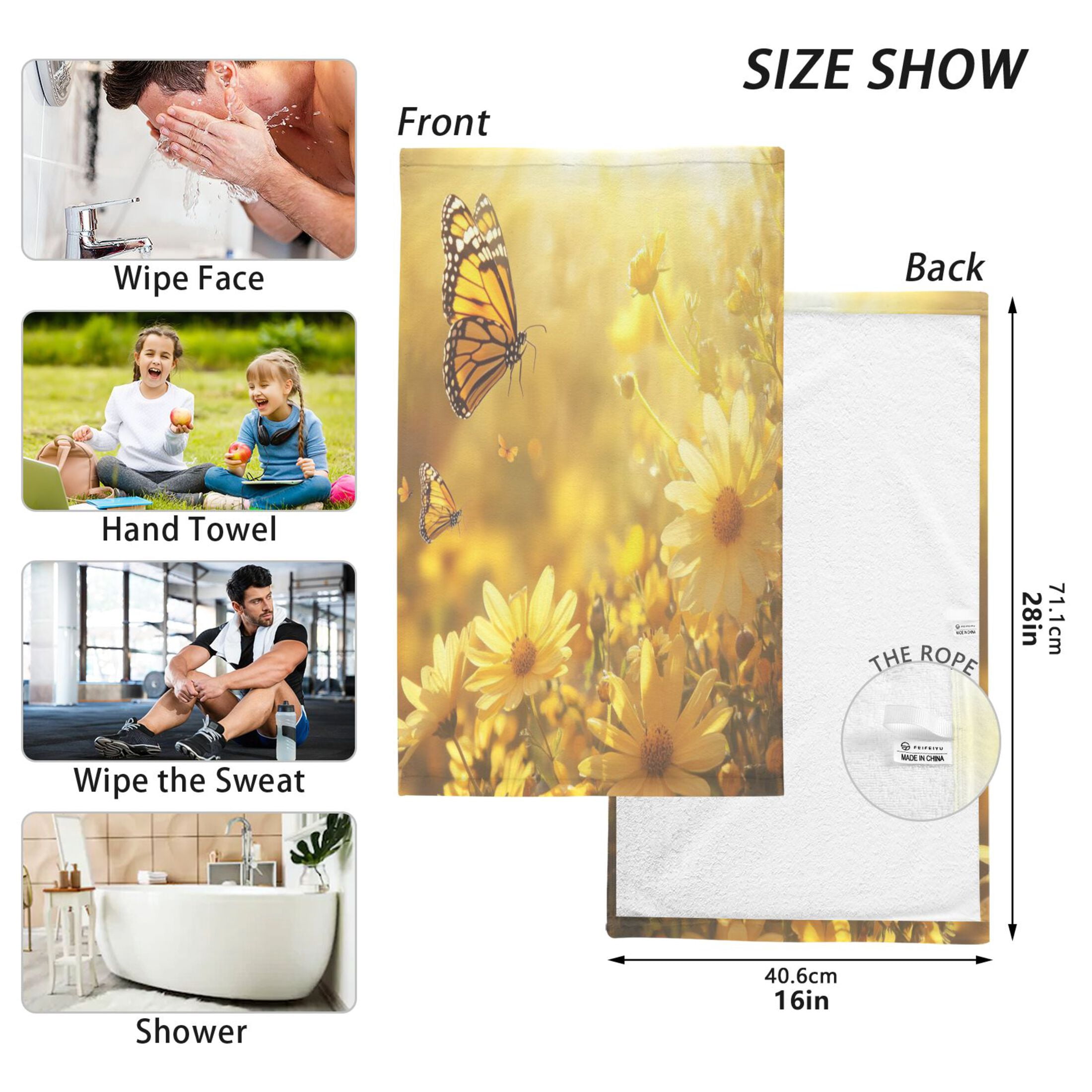 2 Pcs Absorbent Face Towel Bath Hand Towels Soft Breathable Cotton Towel Set for Bathroom Kitchen Hotel Spa Decor Yellow Flowers and Butterfly