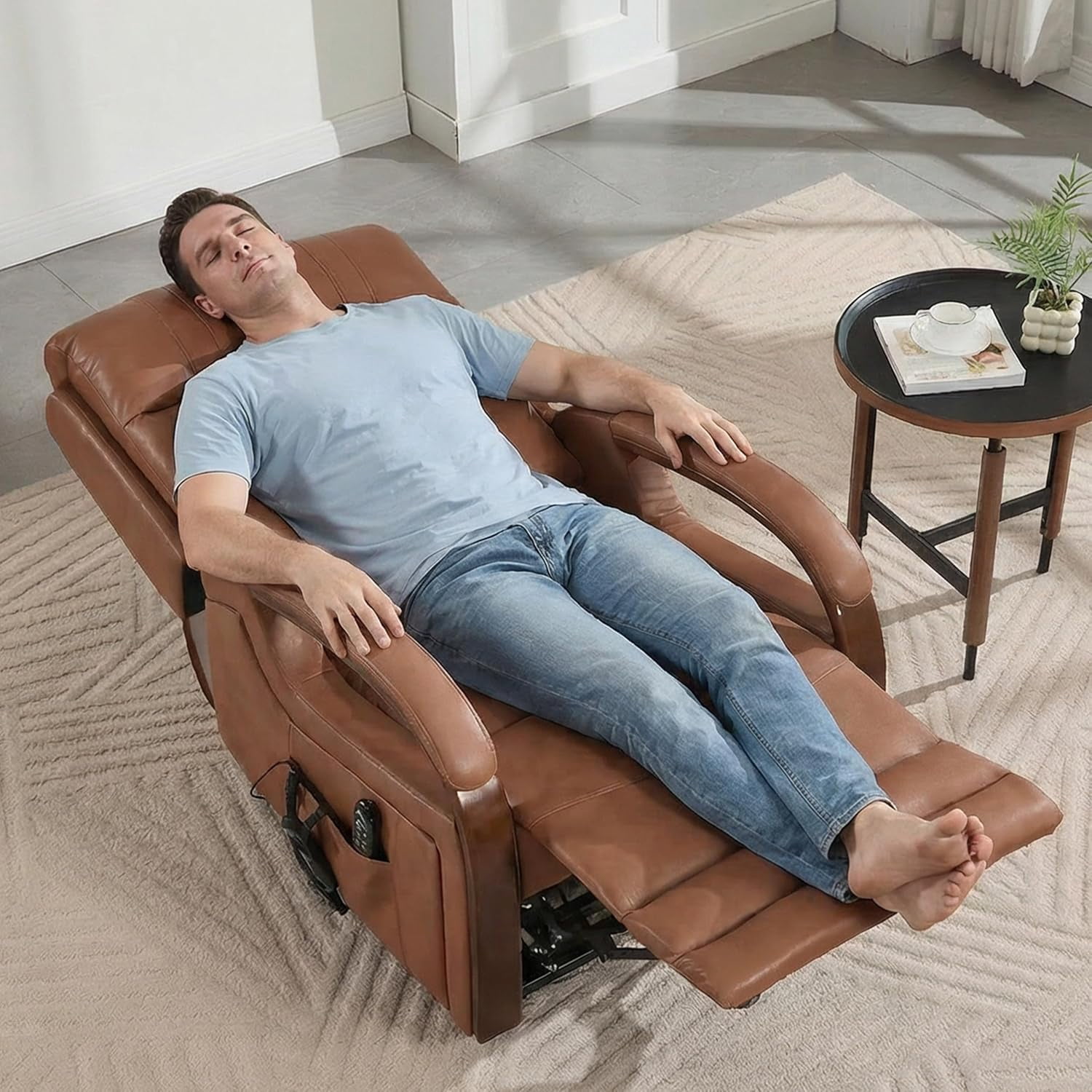 Power Lift Recliner Chair for Elderly People, Dual Motor Lift Chair with Vibration Massage and Heat, Lay Flat Recliner with Solid Wood Armrest, Standing Assistance Reclining, Faux Leather