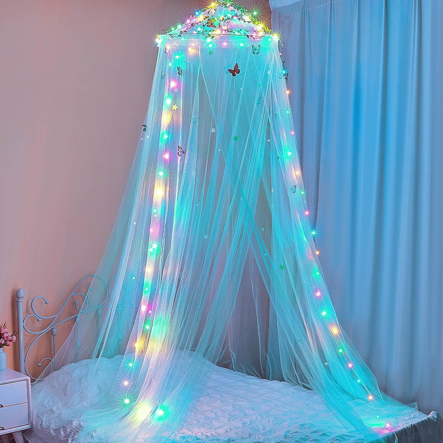 CAILDANL Bed Canopy for Girls Room Bed Canopy Curtains with Led Lights Mosquito Net DIY Princess Room Décor with Stars Butterflies for Kids Bedroom, Hot Pink