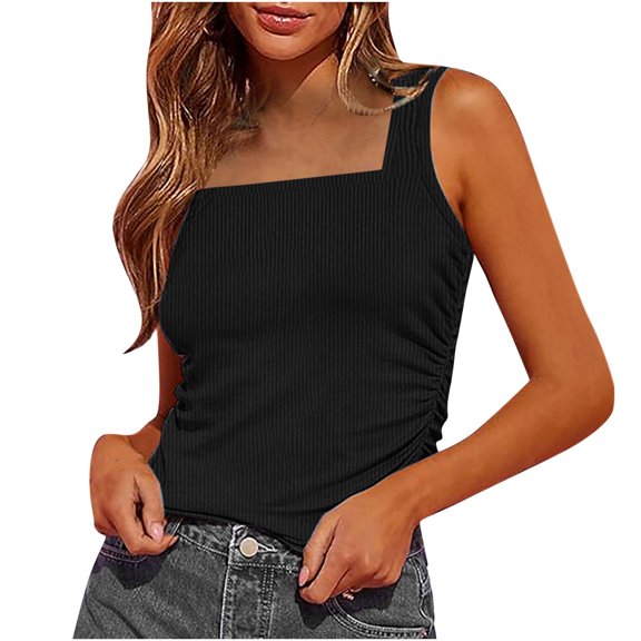 RYRJJ Women's Slim Fitted Tank Tops Ribbed Knit Square Neck Sleeveless Shirts Summer Casual Side Ruched Basic Blouse Tanks