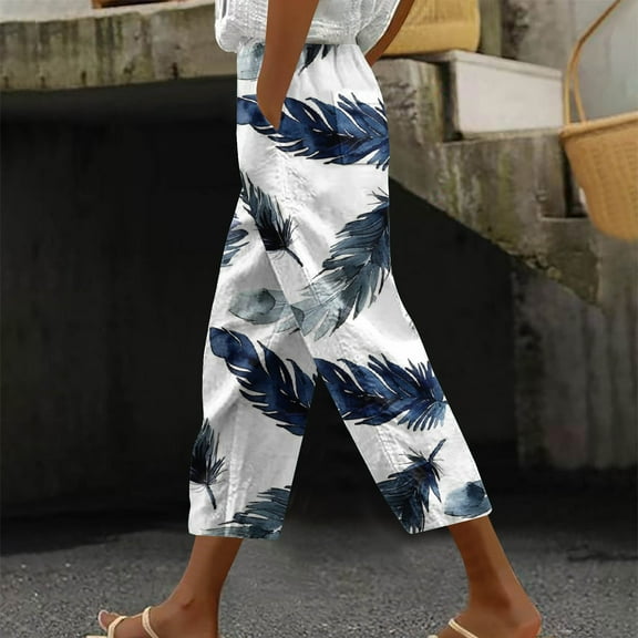 Xuyuer Women Linen Pants Summer Casual Drawstring Elastic Waist Pants Lightweight Capris Beachwear