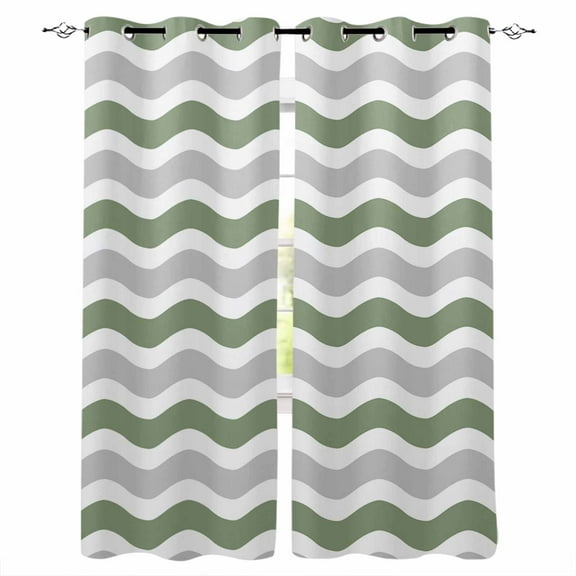 Fsddascl Sage Green Grey Blackout Curtains for Bedroom/Living Room, Thermal Insulated Kitchen Curtains, Abstract Geometric Ocean Wave Stripe Grommet Darkening Window Treatment Drapes 42"x84"x2