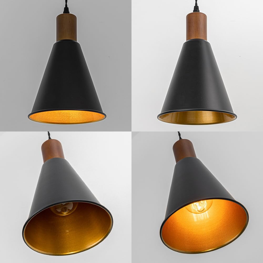 KAYYELAMP  Vintage Design Track Lighting Fixture Walnut E26 Base Outer Black Inner Gold Metal Cone Shade 3.2Ft Adjusted Cord H-Type Track Lamp for Kitchen Bar(No Bulb, Track)
