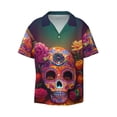 thumbnail image 2 of Lsque Vintage Patterned Skull print Men's Cuban Collar Short Sleeve Shirt Summer Beachwear Casual Button Down Fashionable Vacation Leisure Shirt-Large, 2 of 7