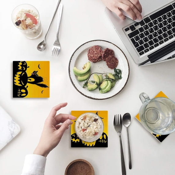 FMSHPON Halloween Black Cat Set of 4 Coaster for Drinks, Absorbent Ceramic Stone Coasters Cup Mat with Cork Base for Home Kitchen Room Coffee Table Bar Decor