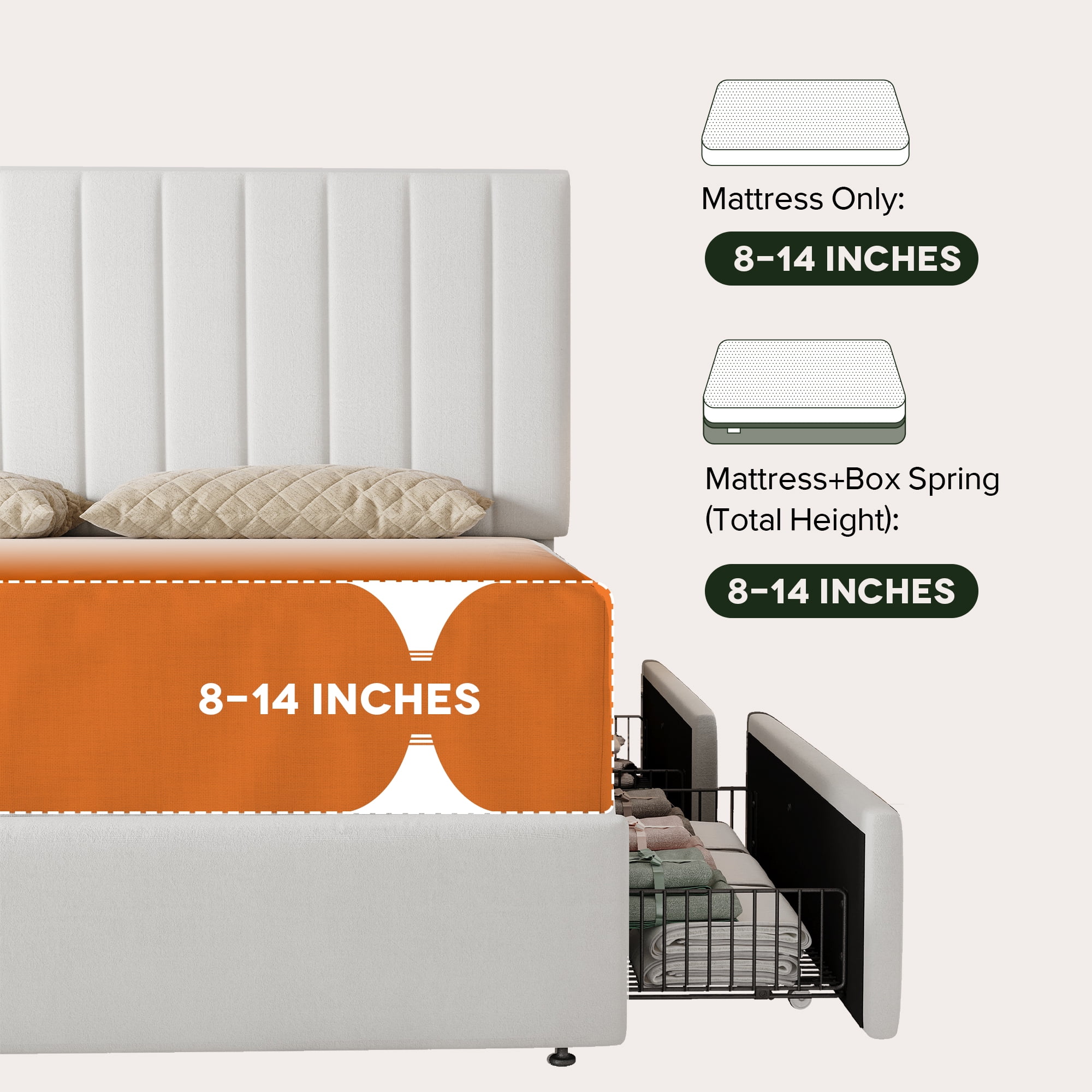 Einfach Full Bed Frame with Adjustable Upholstered Velvet Headboard and 4 Storage Drawers, No Box Spring Required, White