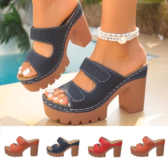 Sandals for Women Summer Casual Chunky Heel Peep Toe Solid Color Slip-on Slides Summer Lightweight Soft Bottom Beach Shoes