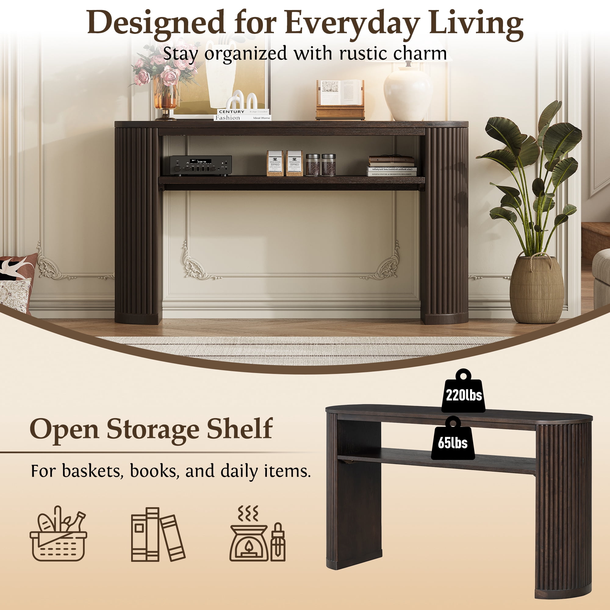 Euroco 53" Fluted Console Table, Modern Entryway Table with Open Storage Shelf & Wood Legs, Long Sofa Table Behind Couch for Living Room, Hallway,Espresso