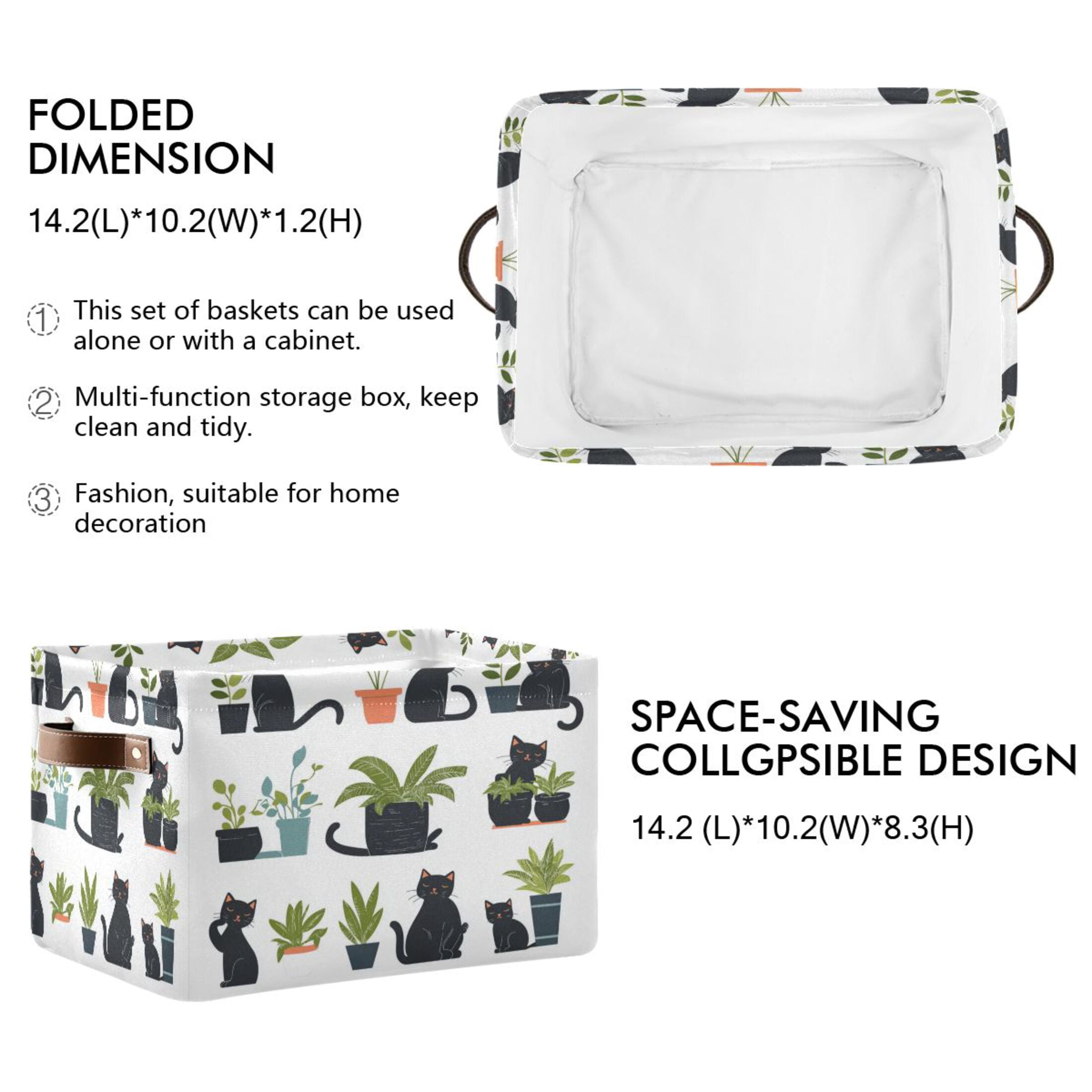 Black Cat Playing Foldable Storage Basket,Canvas Fabric Foldable Storage Bins with Handles Open Home Storage Bins Boxes for Toy Book Shelf Closet Baskets