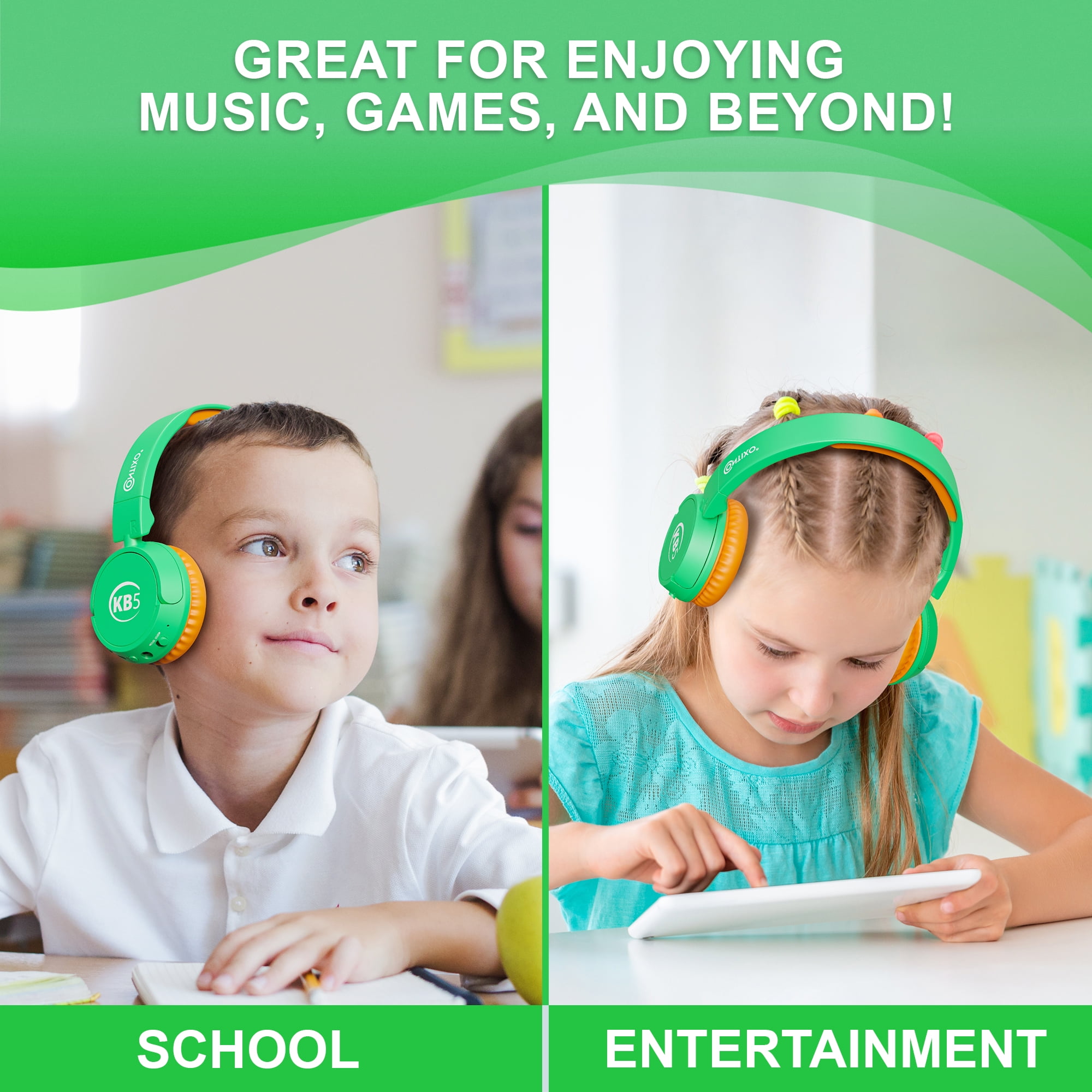 Contixo KB-5 Wireless Kids Headphones, Over-Ear Foldable Bluetooth Headset with 85dB Volume Limit, Green/Orange