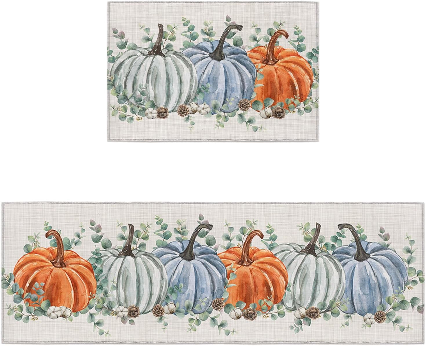 Fall Harvest Pumpkins Kitchen Rugs and Mats Non Skid Washable Floor Doormat, Thanksgiving Eucalyptus Leaf Branch 2 Piece Comfort Sink Standing Rug Area Runner Non-Slip Rubber Backing Mat Retro Linen