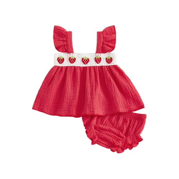 BemeyourBBs Newborn Baby Girls Summer Clothes Cute Infant Baby Girl Strawberry Outfits Strawberry Embroidery Flutter Sleeves Babydoll Shirt Tops and Elastic Ruffles Shorts Set