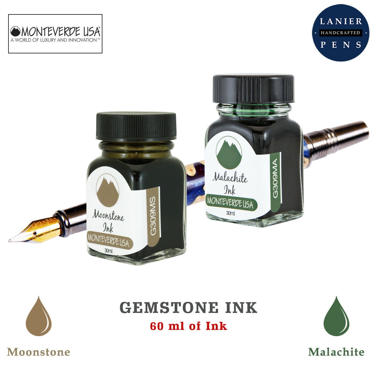 Monteverde 60ml Gemstone Fountain Pen Ink Bottle (30ml Moonstone Ink Bottle G309MS, 30ml Malachite Ink Bottle G309MA)