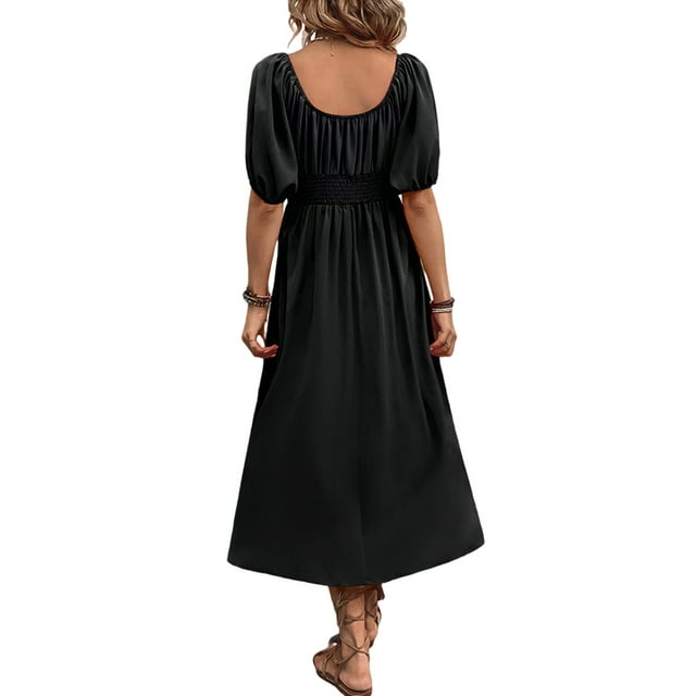 Innerwin Robes Maxi Couleur Unie Femmes Robe d'Été de Plage Robe de Soirée Manches Courtes Robe Longue Ample Noire TG