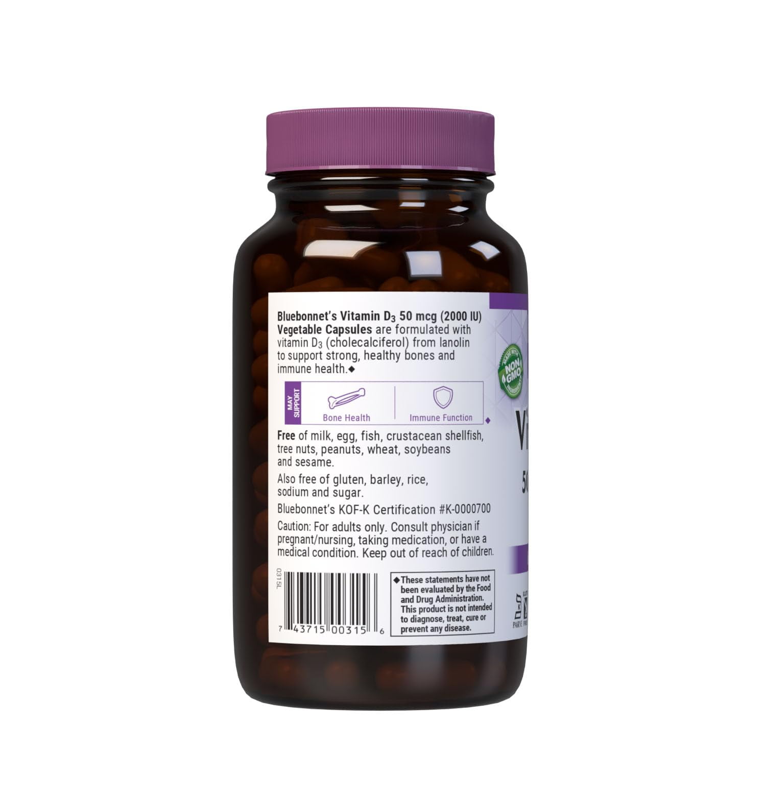 Bluebonnet Vitamin D3 2000 IU, Cholecalciferol from Lanolin, D3, 180 Days