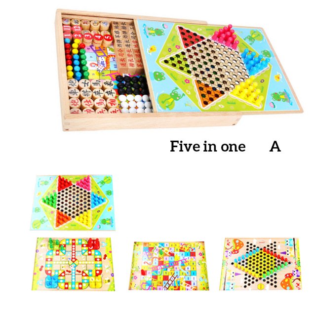 Juego de tablero de ajedrez para niños, juego de mesa multifunción de madera para niños, juguete educativo para niños y estudiantes, 5 en 1 Inevent FN000028-05B