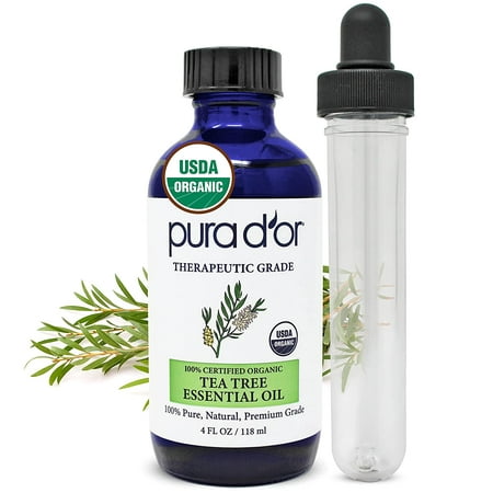 PURA D OR Organic Tea Tree Melaleuca Essential Oil (4oz with Glass Dropper) 100% Pure & Natural Therapeutic Grade for Hair  Body  Skin  Scalp  Aromatherapy Diffuser  Cleansing  Purify  Home  DIY Soap