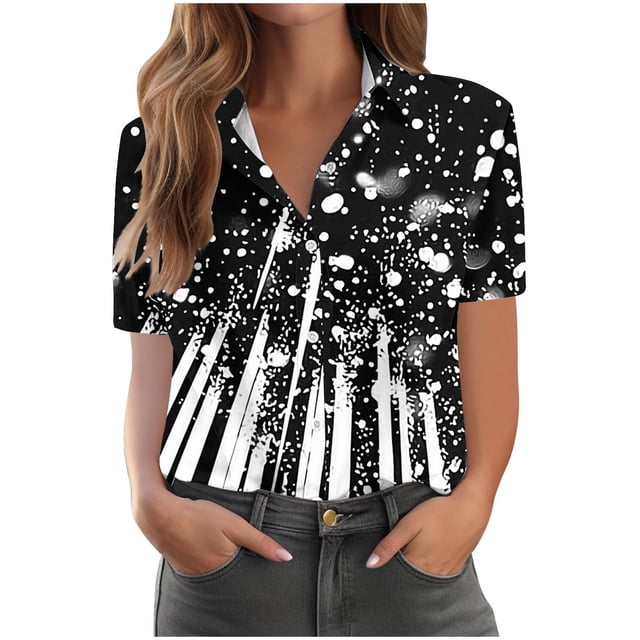 Pantalones Cortos para las Mujeres Impresión Sexy Cómodo Bolsillo de Manga Corta, Botón Top Blusa Camiseta