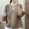 thumbnail image 2 of Dazajoo Linen Shirts for Women 2025 Summer Retro Embroidered Tops Loose 3/4 Sleeve Boho Tops Dressy Casual Cotton Blouses,Khaki,M, 2 of 4