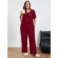 thumbnail image 2 of SHOWMALL Women's Plus Size Loungewear Pajama Set, Burgundy 3X Short Sleeve Pleated Top & Long Pants with Pockets, Soft Double-Brushed 2 Piece Sleepwear, 2 of 8
