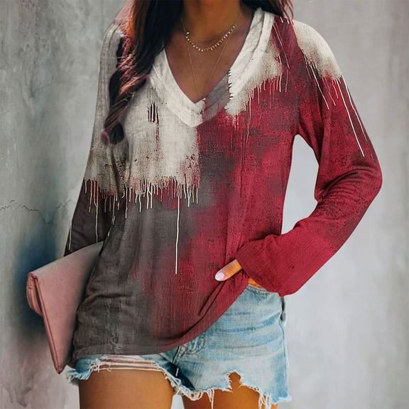 Censtreet Womens Long Sleeve T Shirts Halloween Print Henley Tops Ladies Graphic Tees Casual V Neck Loose Fit Blouse