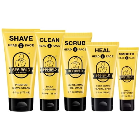 Bee Bald 5-Piece Set with HEAL Aftershave Healing Balm, SHAVE Premium Shaving Cream, SCRUB Exfoliating Pre-Shave, SMOOTH Daily Moisturizer, and CLEAN Daily Cleanser