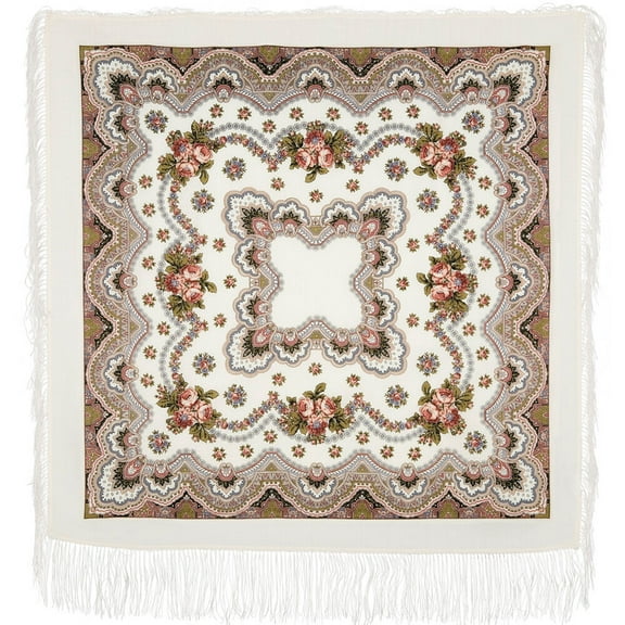 Pavlovo Posad Crane Wool Shawl 50x50'' (125x125 cm) 100% Wool Wrap with Silk Fringe Fashion Shawl for Women Floral Merino Wool Scarf in Сream