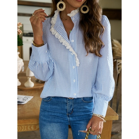 Women's Striped Shirt Long Sleeve Single Breasted Elegant Sensible Going Out Dating Work Shirt Lace Cardigan Tops