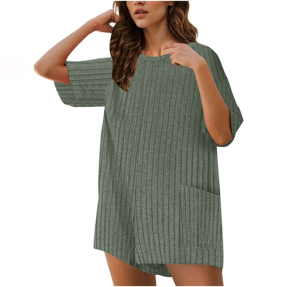 Clearance Summer Rompers for Women Loose Ribbed Knit Short Sleeve T-Shirt Baggy Relaxed Fit Jumpsui with Pockets Dressy Work Clothes