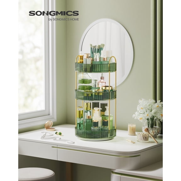 3-Tier Rotating Makeup Organizer, Round Countertop Lazy Susan with Customizable Shelves, for Vanity Bathroom Kitchen, Pale Green