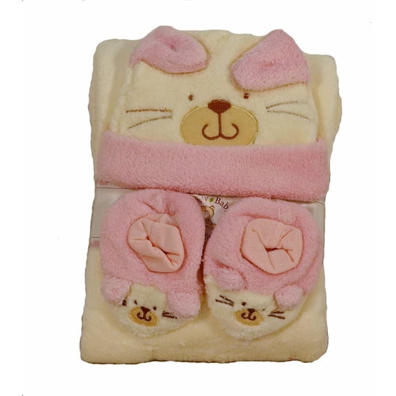 3 Piece Gift Set for Newborn Baby - Contains Baby Blanket, Hat & Booties - Pink - Great Baby Shower Gift