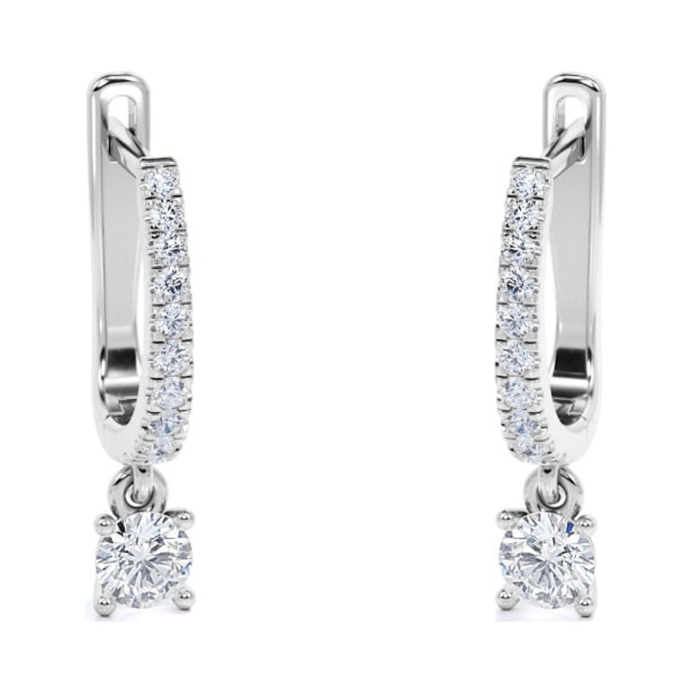 JeenMata 1 Carat Round Brilliant Cut Diamond and Moissanite - 4 Prong Pave Set Huggie Hoop Earrings - 18K White Gold Plating over Silver