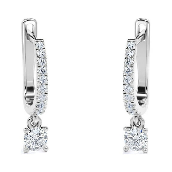 JeenMata 1 Carat Round Brilliant Cut Diamond and Moissanite - 4 Prong Pave Set Huggie Hoop Earrings - 18K White Gold Plating over Silver