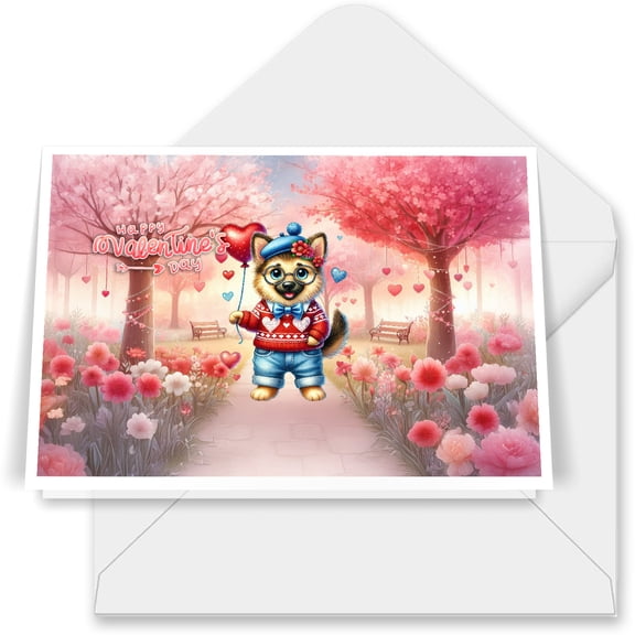 Happy Valentine’s Day Adorable German Shepherd Puppy Holding Heart Balloon 7x5in Folded Greeting Card Alsatian Dog Lover Gifts Single Note Card with Envelope - 00030