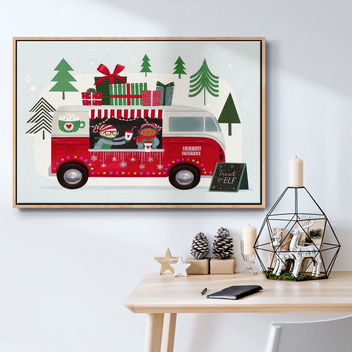 Santa's Foodtruck Collection A - Framed Gallery Wrapped Holiday Canvas - 17 x 25 - Natural Wood Frame