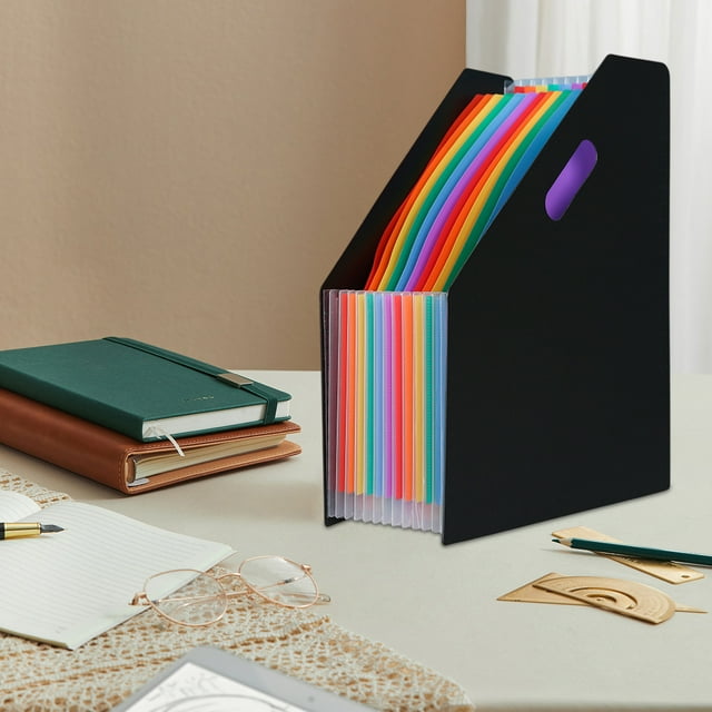 Vertical File Organizer, Large Capacity Slanted A4 File Rack, Multi-Compartment Plastic Storage Folder for Documents Test Papers, Black