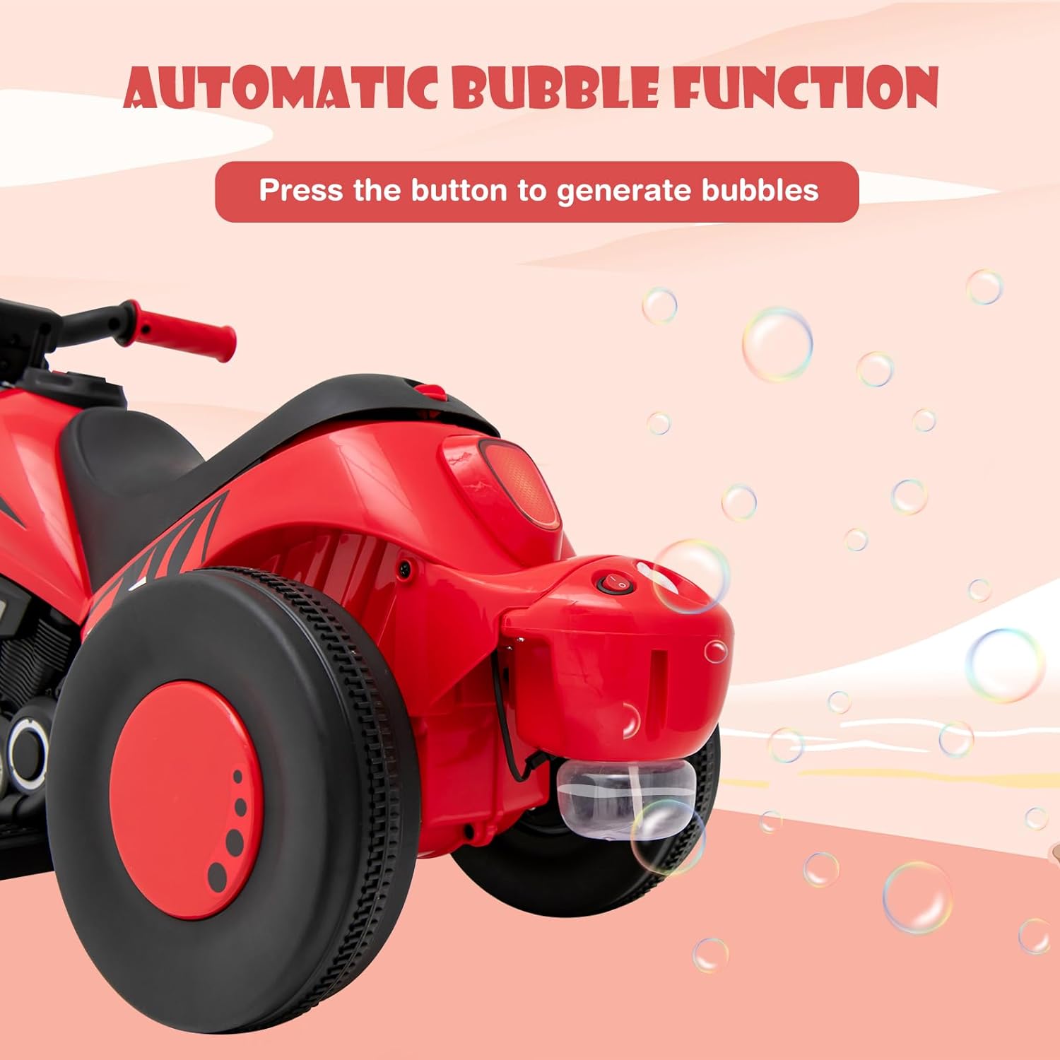 OLAKIDS Kids Motorcycle, 6V Electric Ride On Car with Automatic Bubble Function, Foot Pedal, Headlight, Music, 3 Anti-Skip Wheels Vehicle for Children, Toddler Ages 3+ (Red)