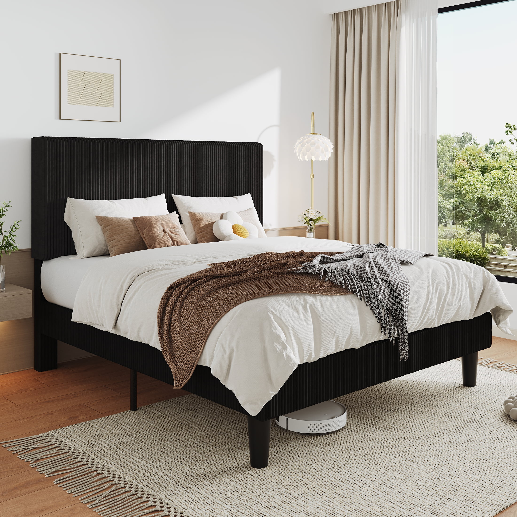 Allewie Queen Size Upholstered Bed Frame with Vertical Channel Tufted Headboard, Soft Corduroy Fabric Platform Bed, Black
