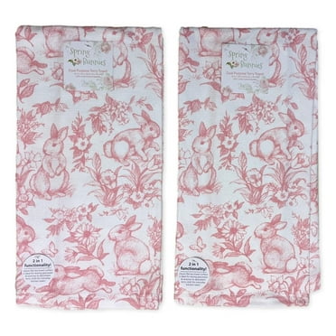 Set of 2 Pink Toile GARDEN BUNNY Terry Kitchen Towels by Kay Dee Designs