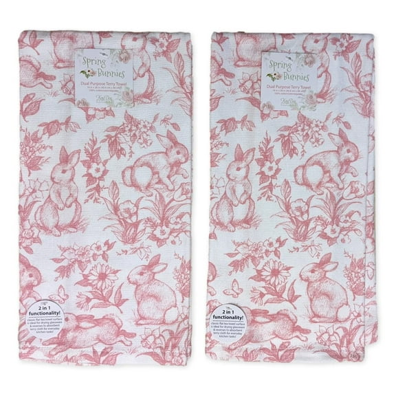 Set of 2 Pink Toile GARDEN BUNNY Terry Kitchen Towels by Kay Dee Designs